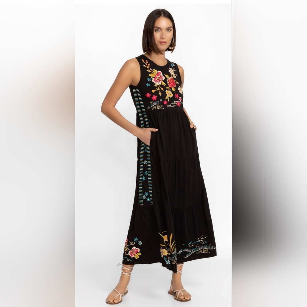 Johnny Was Black Maxi Dress with Floral Embroidery